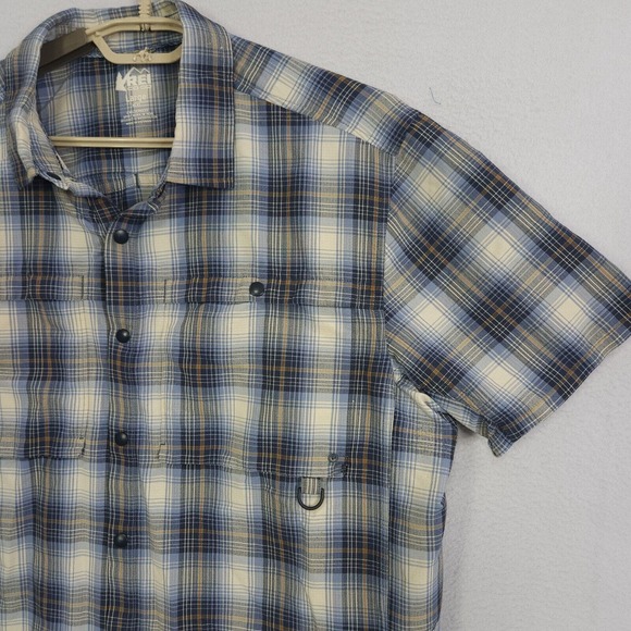 Rei Coop Button up Shirt Mens Blue Large Short Sleeve Plaid Outdoor Vented - Picture 4 of 14